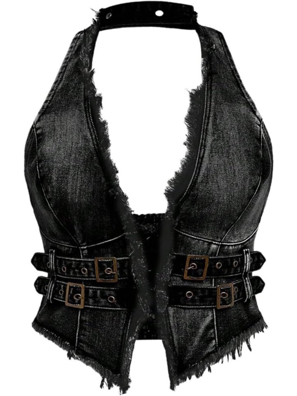 Plus Size Frayed Denim Halter Top - Buckle Backless Punk Hippie Jean Crop Top
